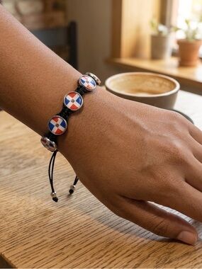 Handmade Dominican Flag  Black Rope  Cord Adjustable Bracelet Dominican Republic